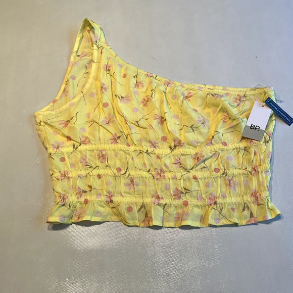 BP‎ Floral One Shoulder Smocked Crop Top Yellow Pink Flowers Size L - Picture 1 of 10
